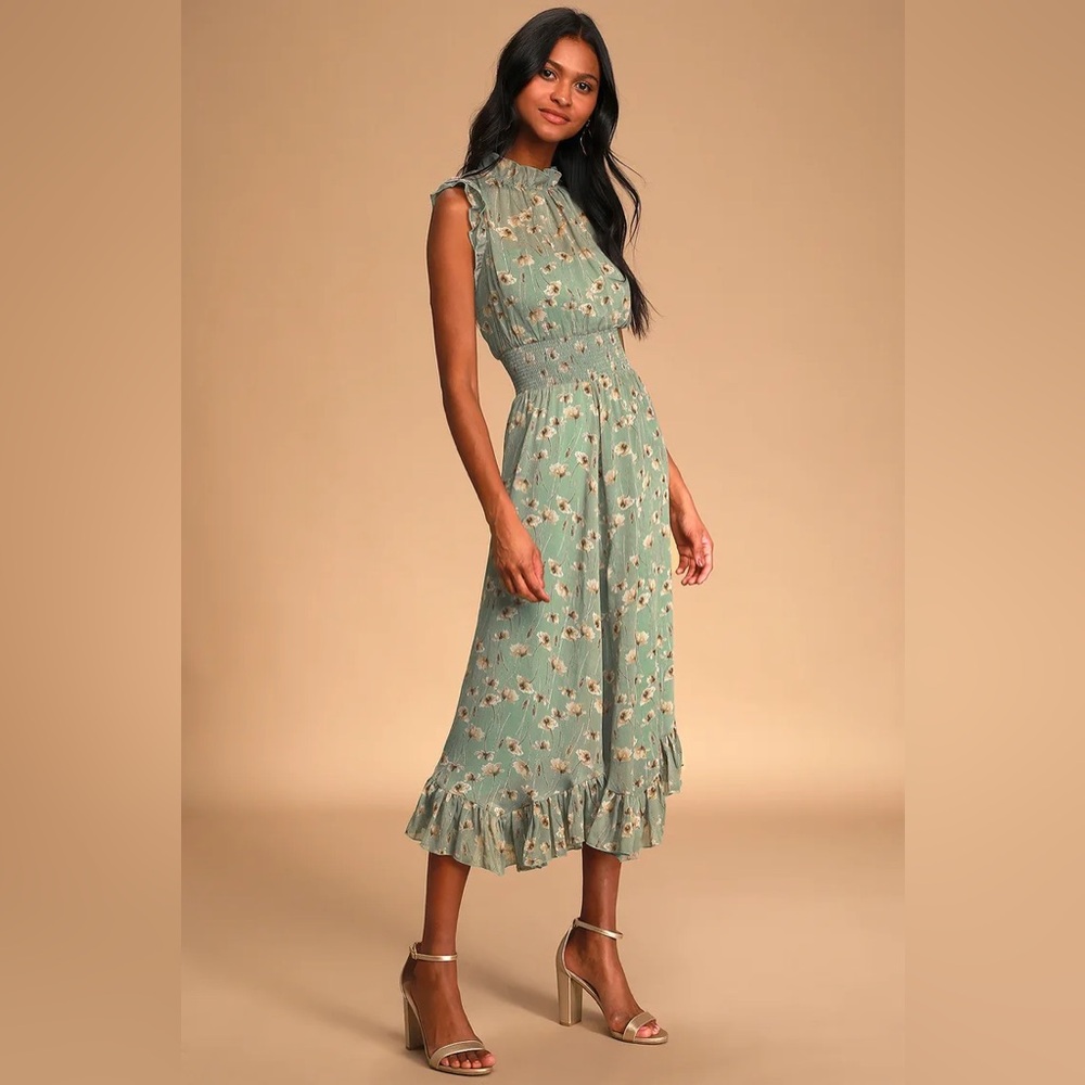 Lulus - Wild Whims Sage Green Floral Print Mock Neck Midi Dress - size M